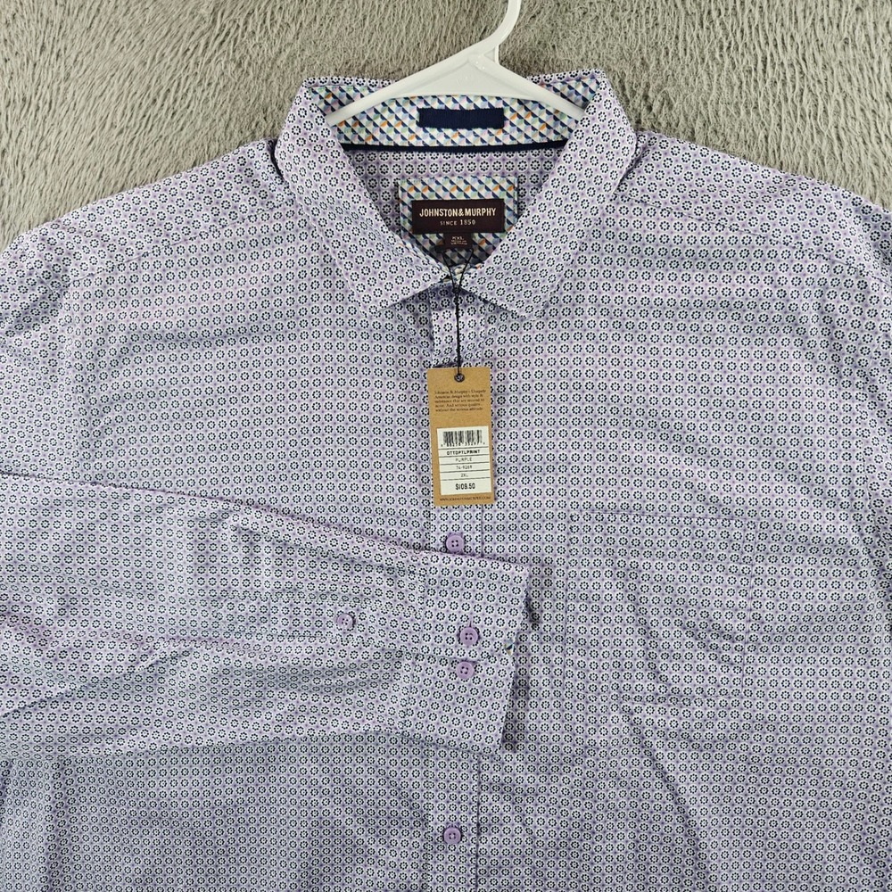 Johnston & Murphy Mens XXL Purple Geometric Floral Cotton Button Down Shirt NEW